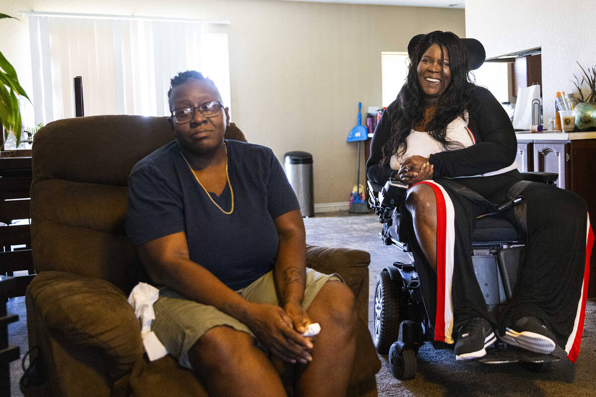 Stephanie Paris, right, talks about her home care worker, Nicole Brown, on Tuesday, Aug. 29, 20 ...