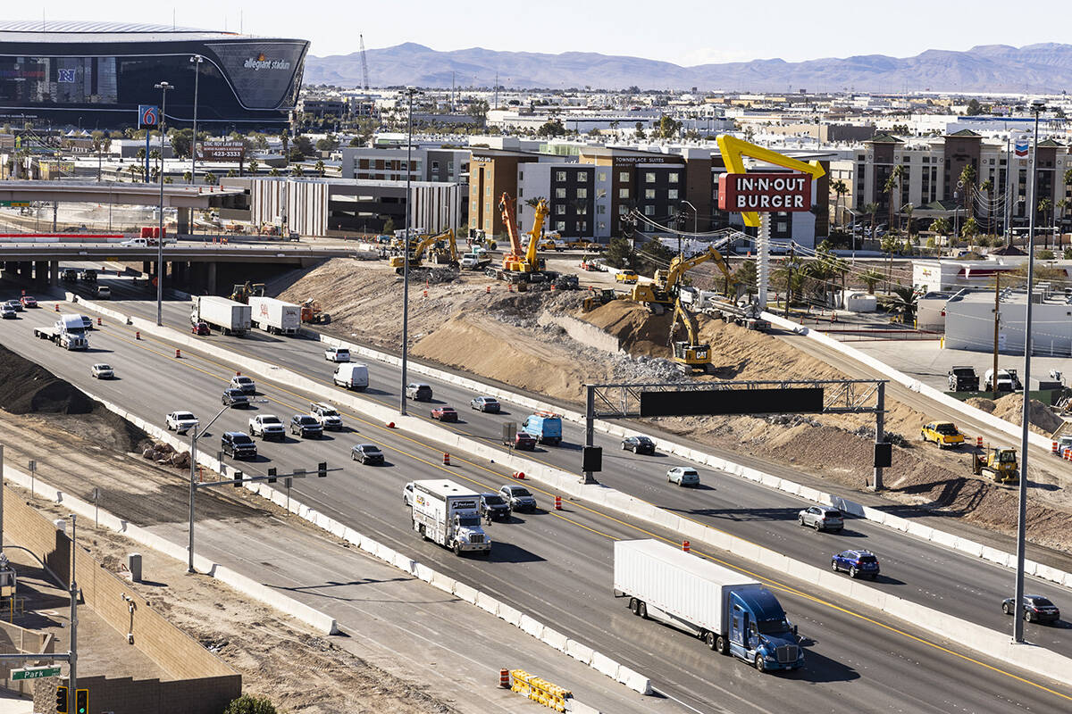 Construction is underway on Interstate 15 near Tropicana Avenue on Jan. 26, 2023, in Las Vegas. ...