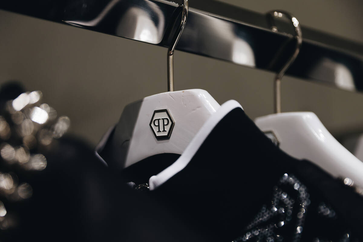 The Philipp Plein logo is seen on a hanger at the Philipp Plein boutique inside of the Shops at ...