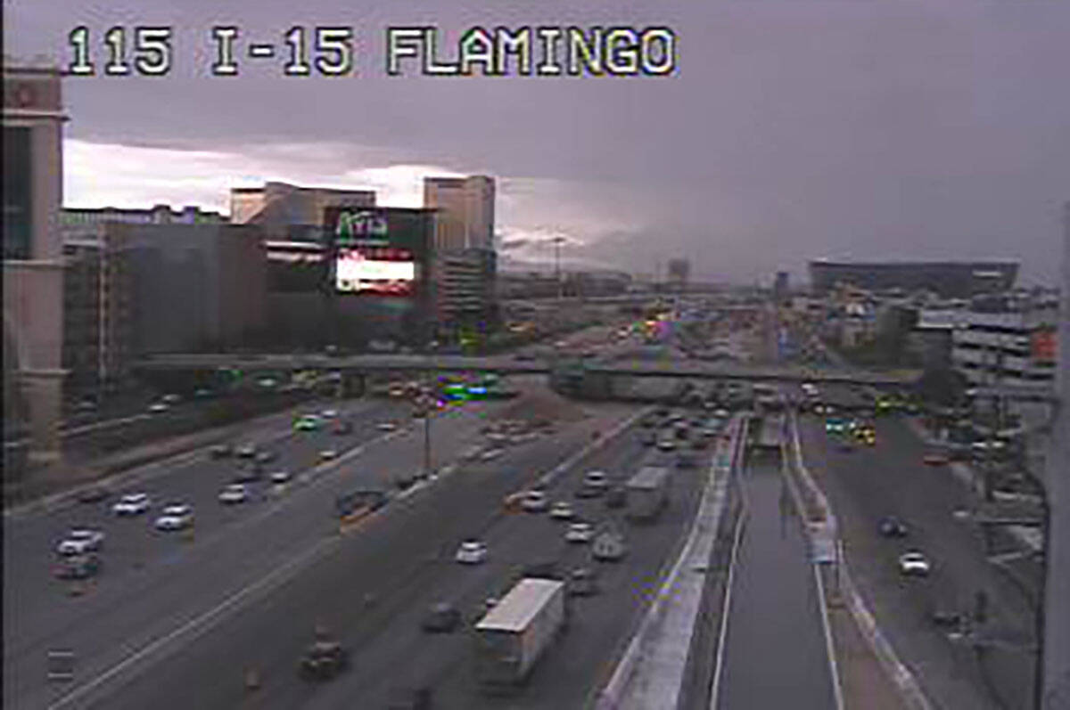 Dark skies over Las Vegas as seen from Interstate 15 and Flamingo Road about 3 p.m. Friday, Sep ...