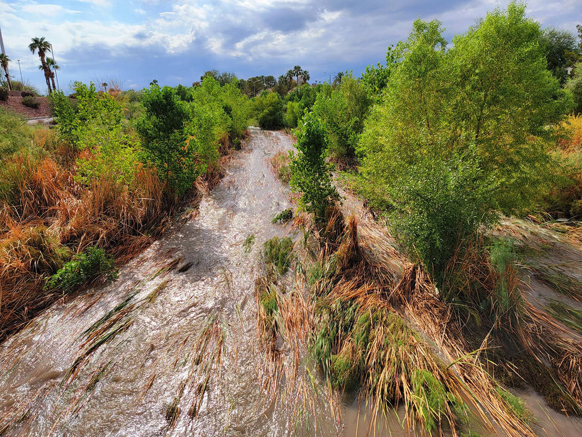 Floodwater flows into the Pittman wash on Friday, Sept. 1, 2023. (Natalie Burt)