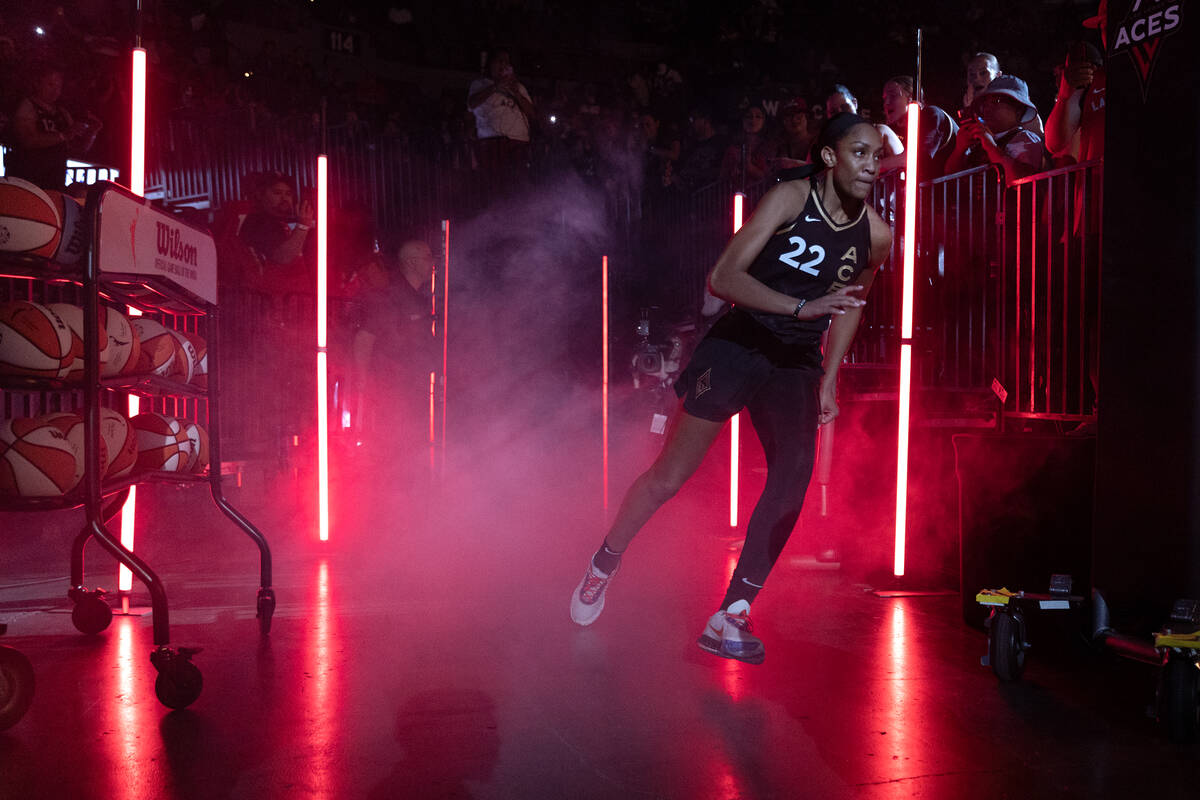 Las Vegas Aces forward A'ja Wilson (22) takes the court before a WNBA basketball game against t ...