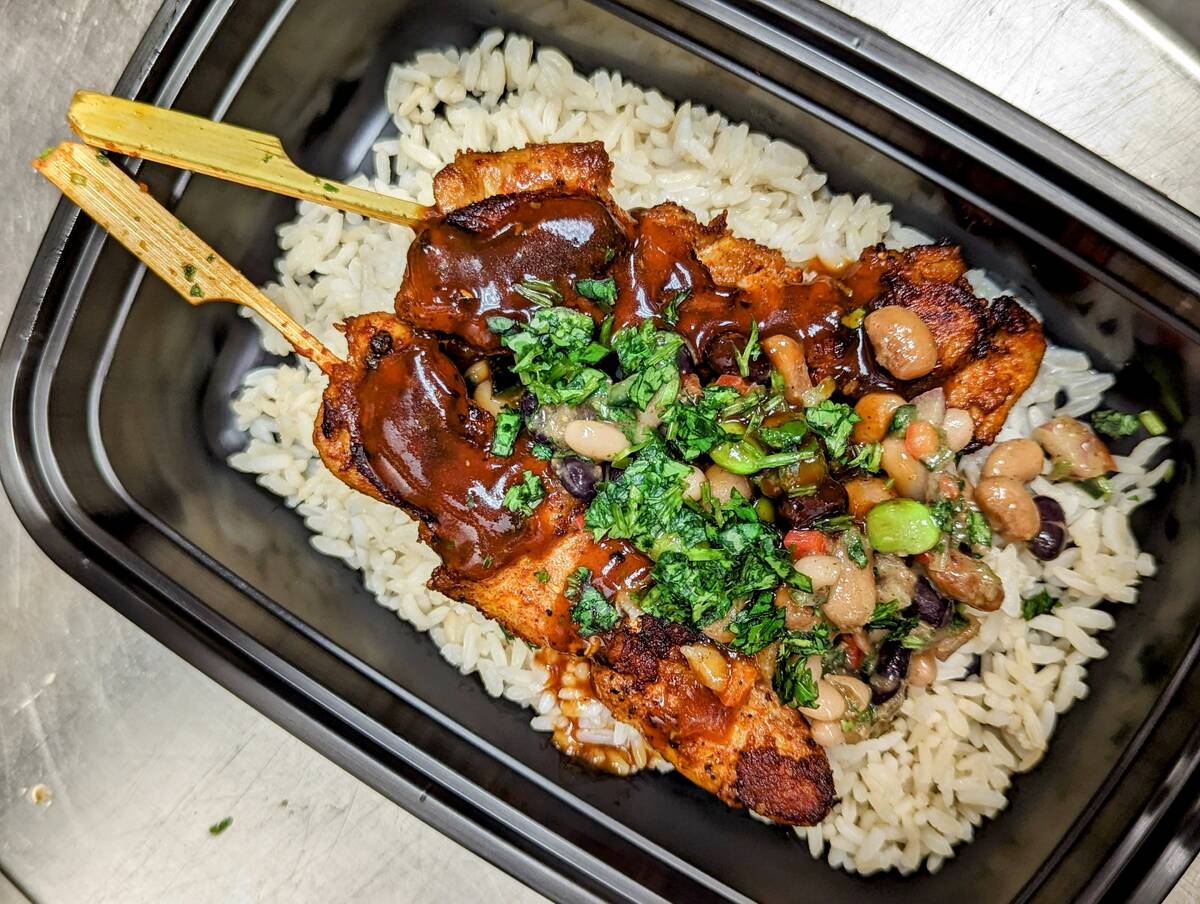 The jerk chicken skewers from Pacha Mamas at Allegiant Stadium, home of the Las Vegas Raiders. ...