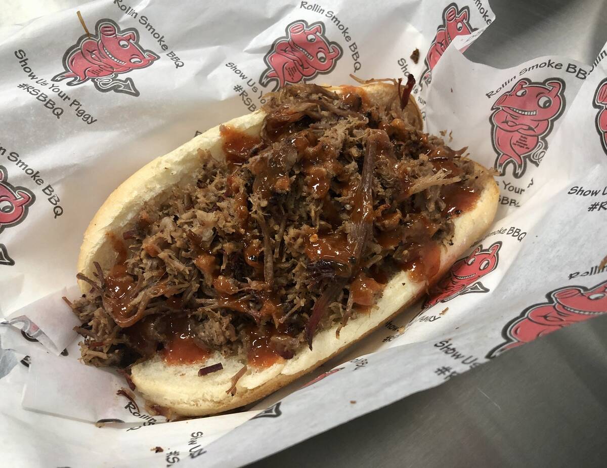 A chopped brisket sandwich from Rollin Smoke at Allegiant Stadium, home of the Las Vegas Raider ...