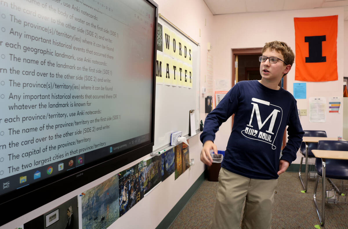 Seventh grader Elliot Lefebvre talks to a reporter at The Meadows School in Las Vegas Friday, A ...