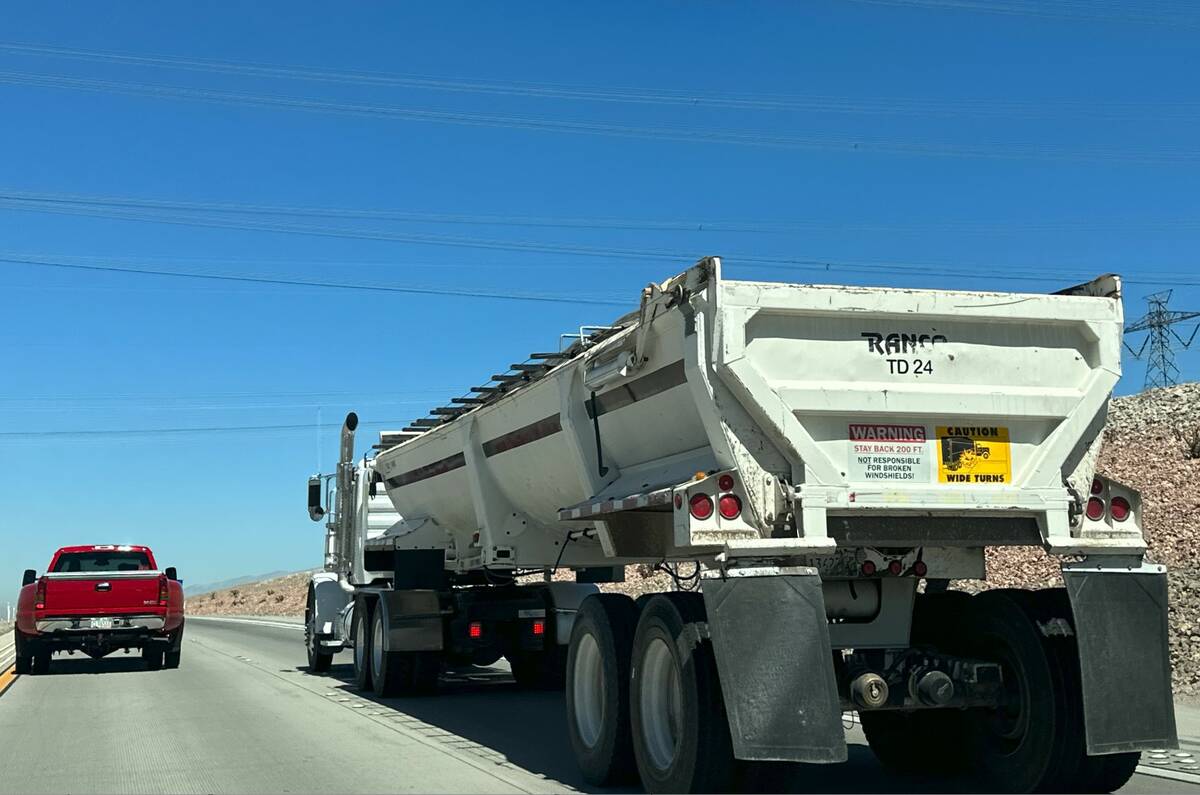 A dump truck seen on Interstate 11 in Henderson on Tuesday Aug. 29, 2023. (Mick Akers/Las Vegas ...