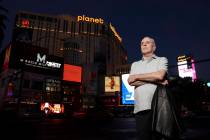 FILE - Jeff German, host of "Mobbed Up," poses with Planet Hollywood, formerly the Aladdin, in ...