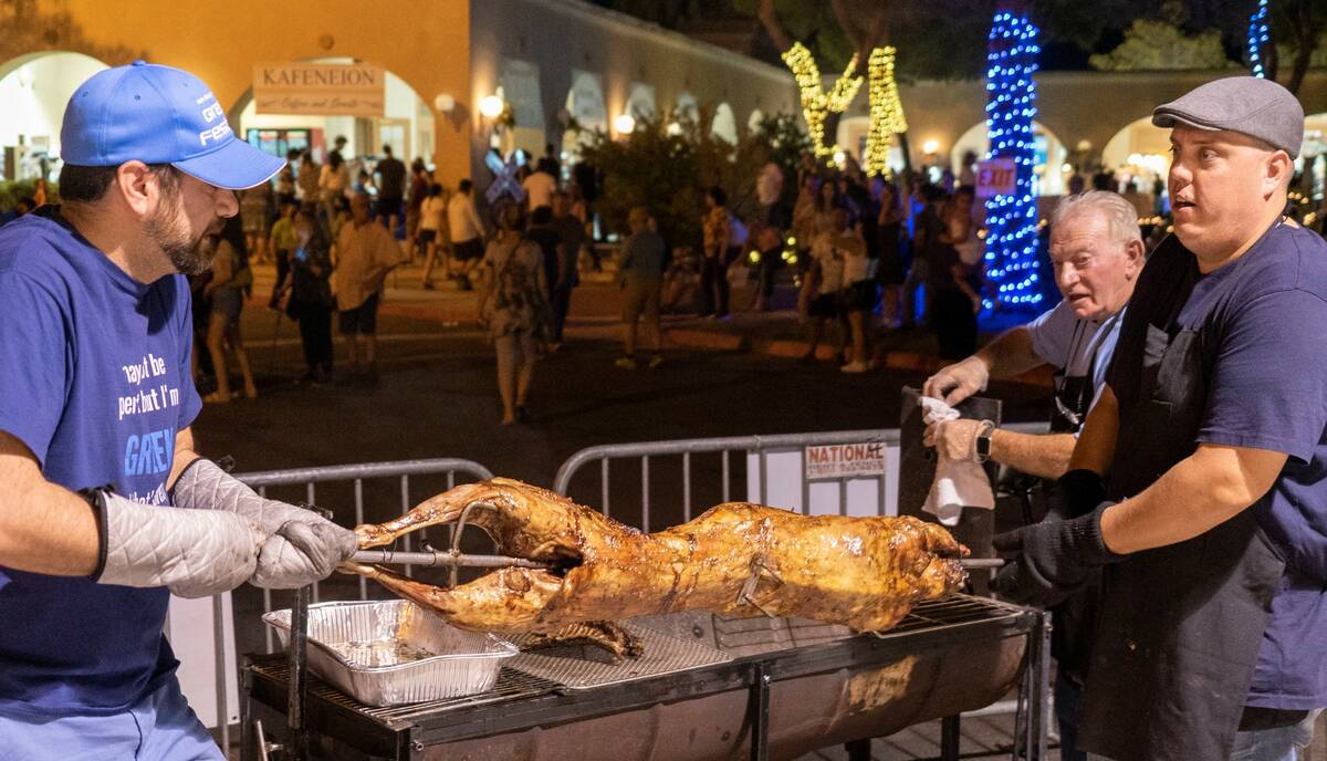 Lamb being cooked on a spit at the 2022 Las Vegas Greek Fest at St. John the Baptist Greek Orth ...
