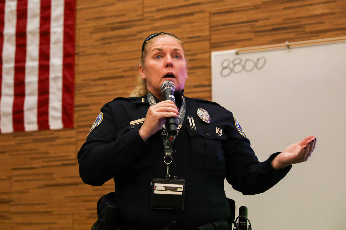 Henderson’s new Chief of Police Hollie Chadwick addresses a crowd of residents and local offi ...
