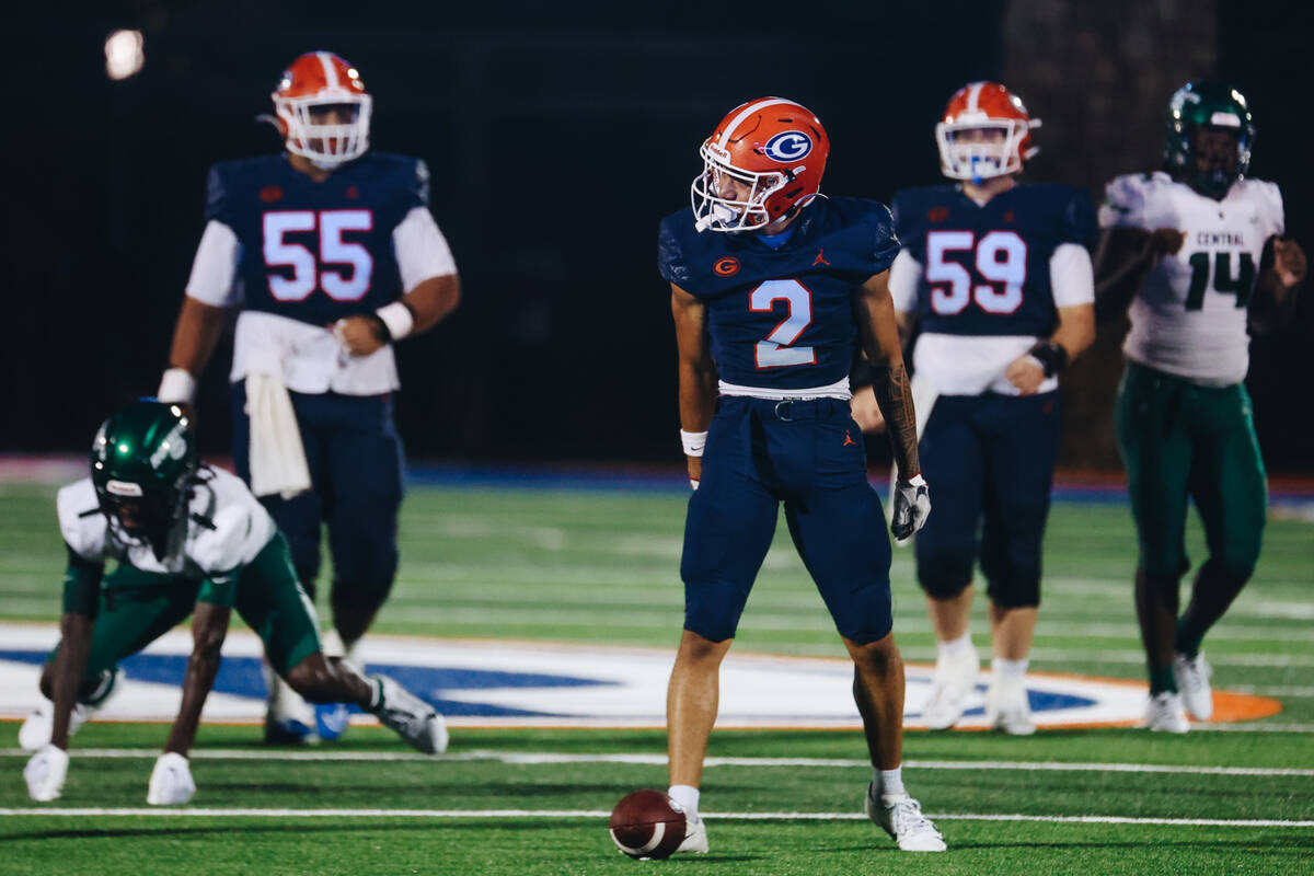 Bishop Gorman wide receiver Audric Harris (2) gets amped up after a good play during a game aga ...