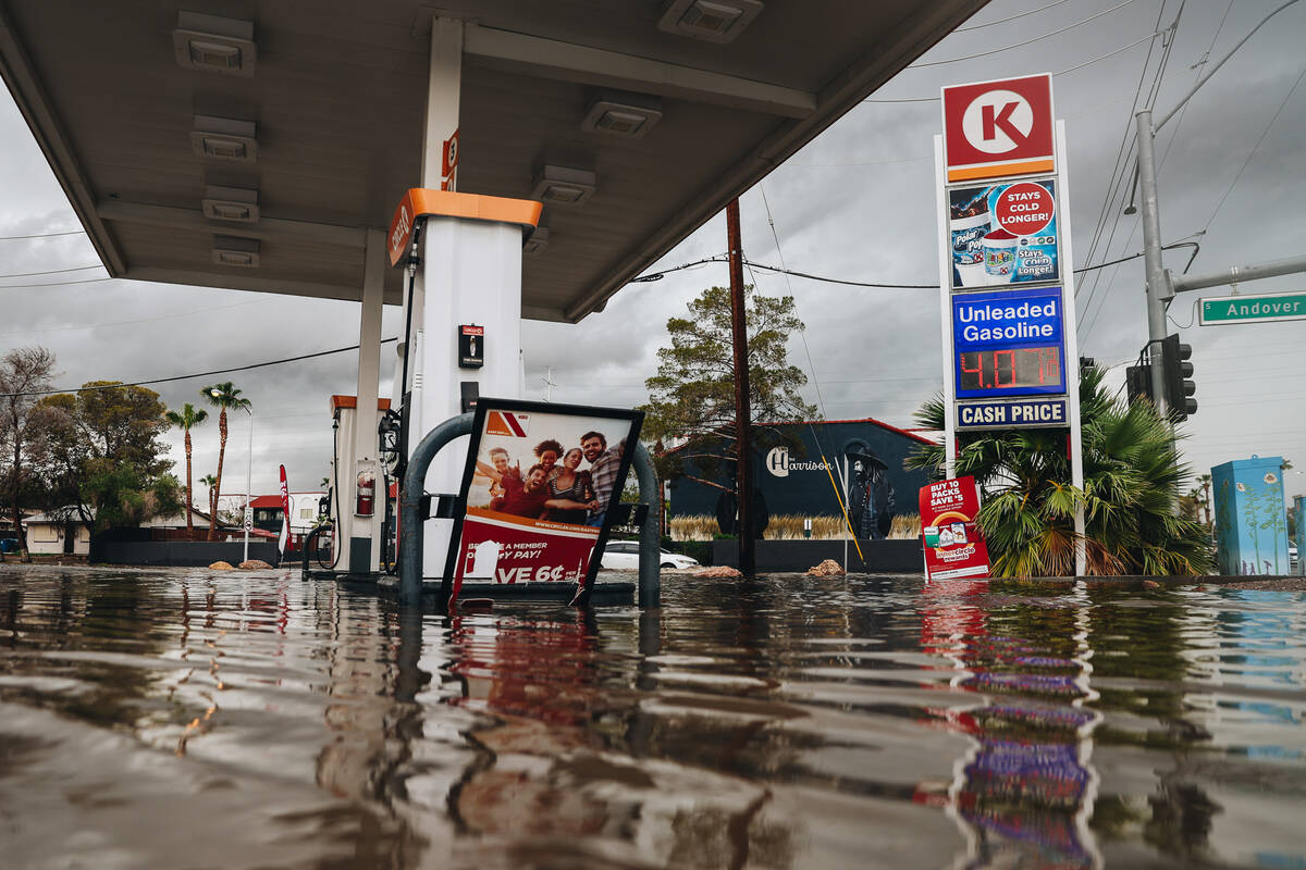 Water floods a Circle K gas station at 5485 E. Tropicana Ave. on Friday, Sept. 1, 2023, in Las ...