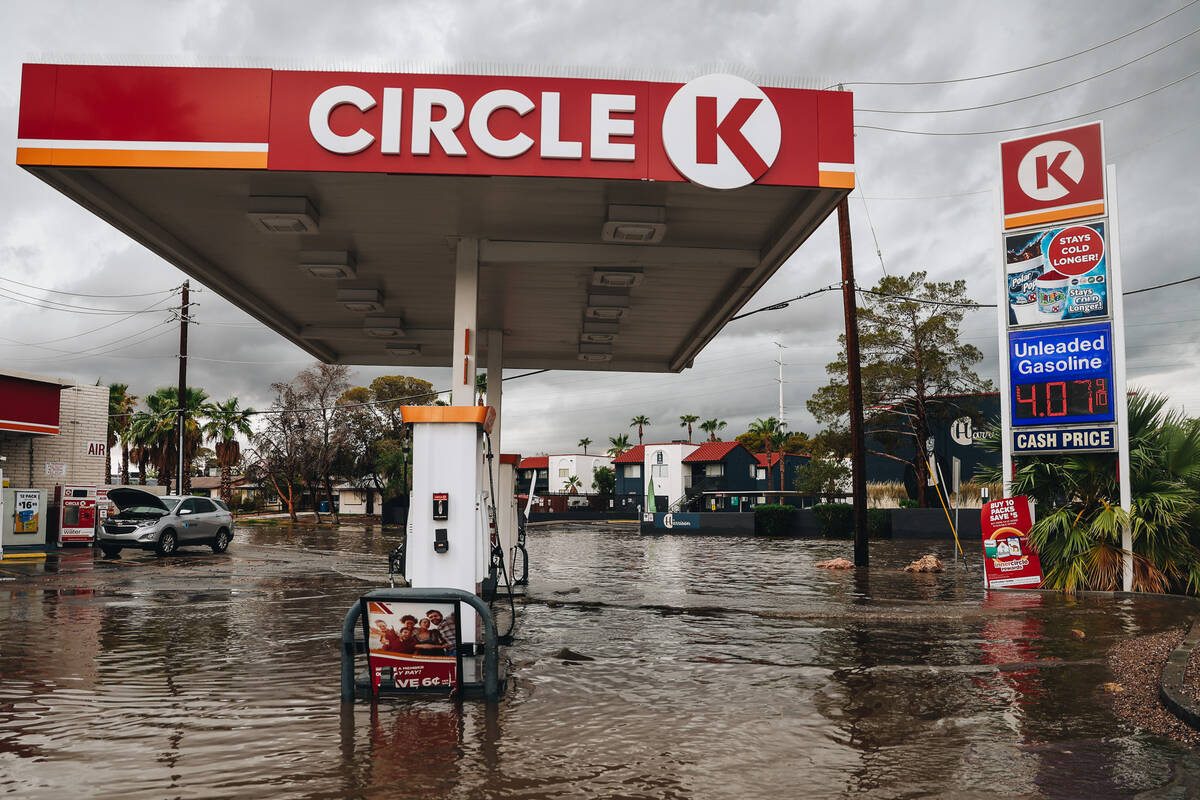 Water floods a Circle K gas station at 5485 E. Tropicana Ave. on Friday, Sept. 1, 2023, in Las ...