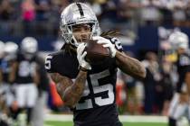 Las Vegas Raiders safety Tre'von Moehrig (25) is seen during warm ups before an NFL preseason f ...