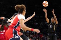 Las Vegas Aces guard Sydney Colson (51) shoots against the Washington Mystics during the second ...