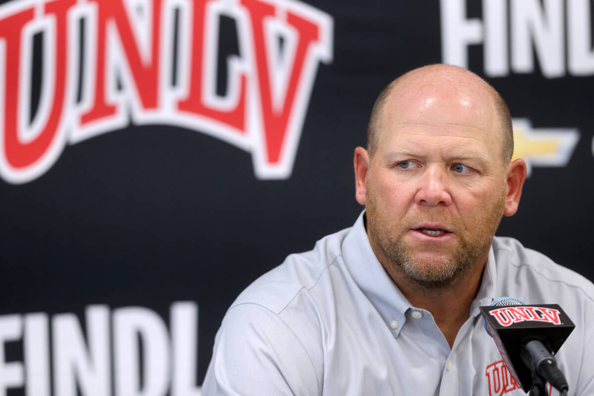 UNLV football coach Barry Odom talks to the news media at the Fertitta Football Complex Monday, ...