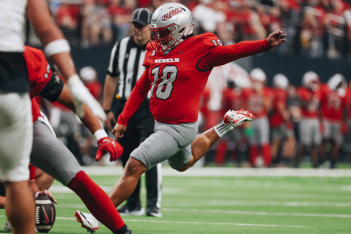 UNLV kicker Jose Pizano kicks the ball during a field goal attempt during a game against Bryant ...