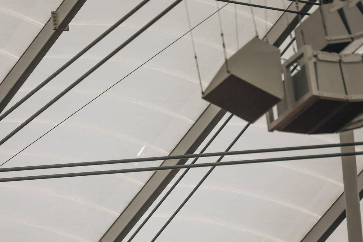 A tear in the Allegiant Stadium roof is seen on Saturday, Sept. 2, 2023, in Las Vegas. Rain cou ...