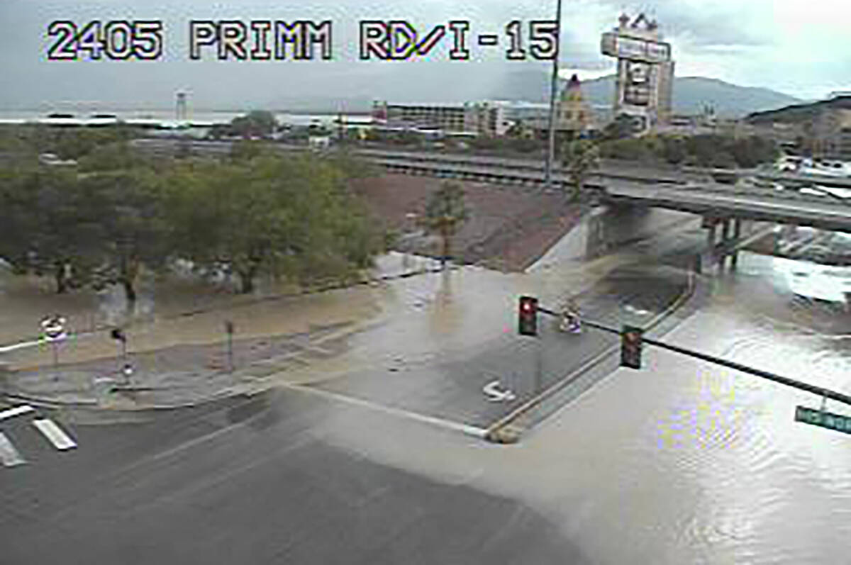 Floodwater covers part of the Interstate 15 pavement at Primm, Calif., on Saturday, Sept. 2, 20 ...