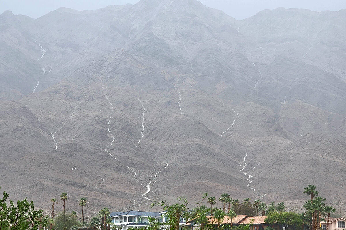 Waterfalls flow down Frenchman Mountain on Friday, Sept. 1, 2023. (Nancy Good)