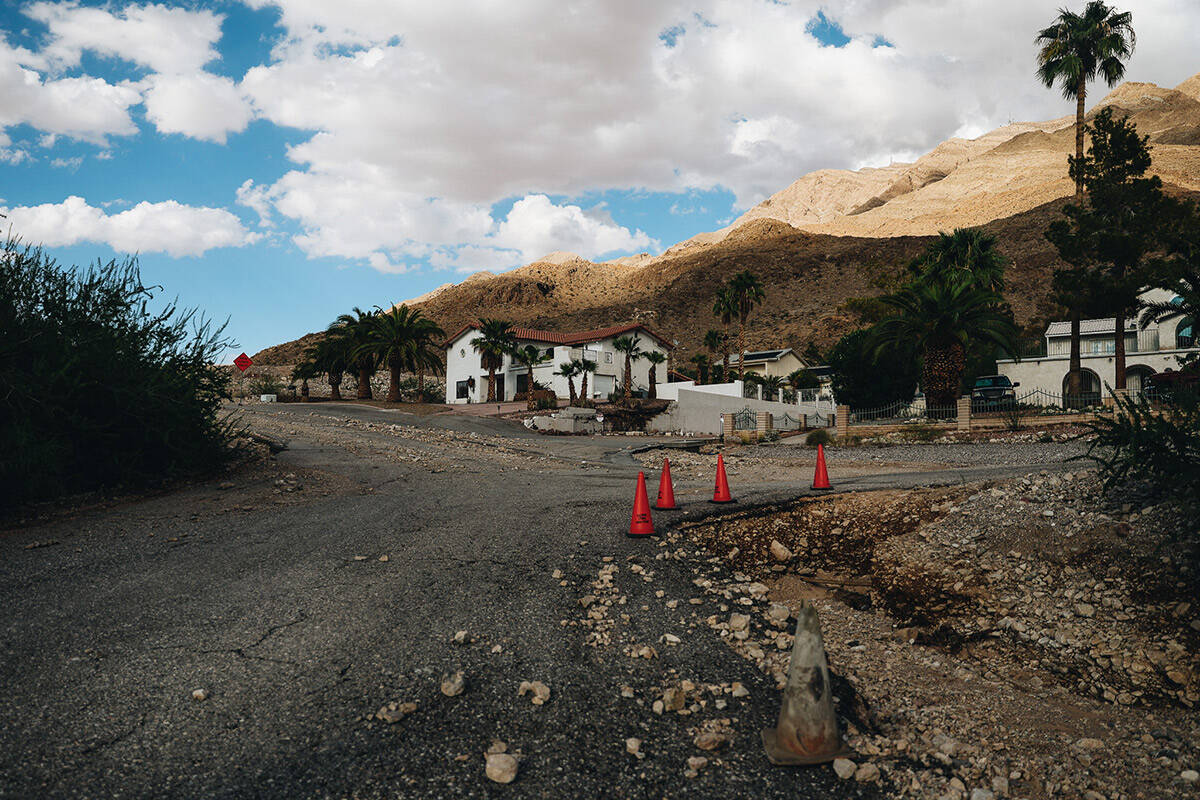 Damage from flooding is seen in a neighborhood near Frenchman Mountain on Sunday, Sept. 3, 2023 ...