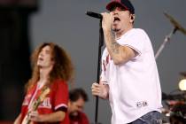 FILE - In this Sept. 29, 2008 file photo, Singer Steve Harwell, of Smash Mouth, performs with t ...