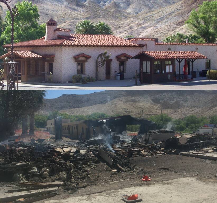Visitor Center at Scotty's Castle, before and after the April 2021 fire. (Death Valley National ...