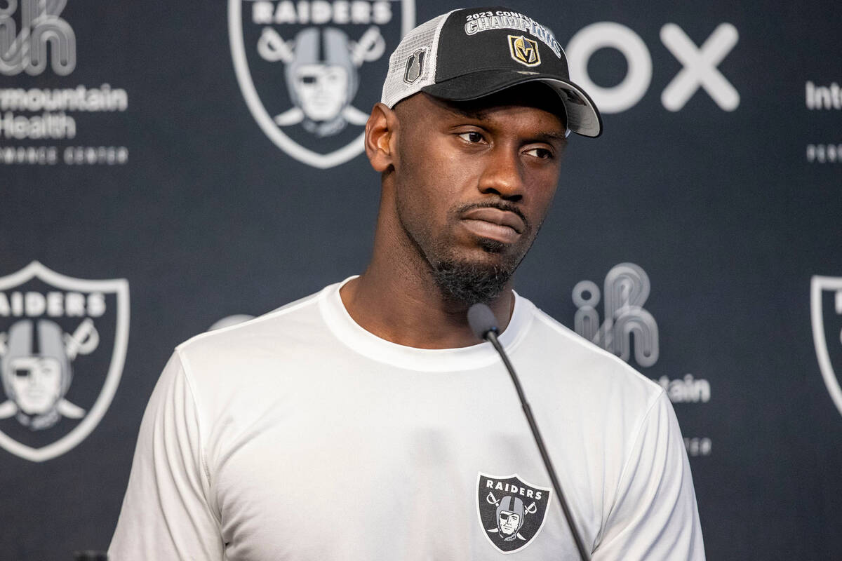 Raiders defensive end Chandler Jones takes questions during a news conference at Intermountain ...