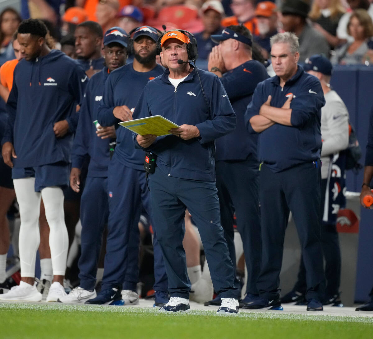 Denver Broncos head coach Sean Payton () in the first half of an NFL preseason football game Sa ...