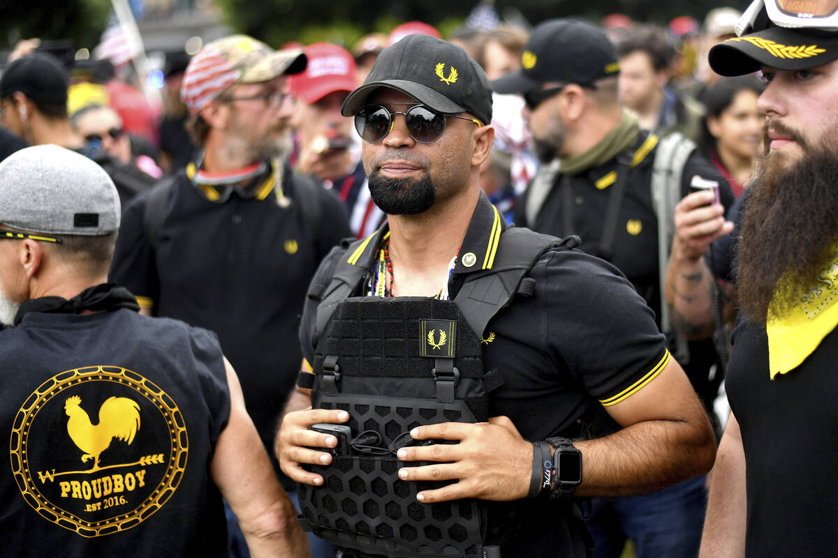 FILE - Proud Boys chairman Enrique Tarrio rallies in Portland, Ore., Aug. 17, 2019. (AP Photo/N ...