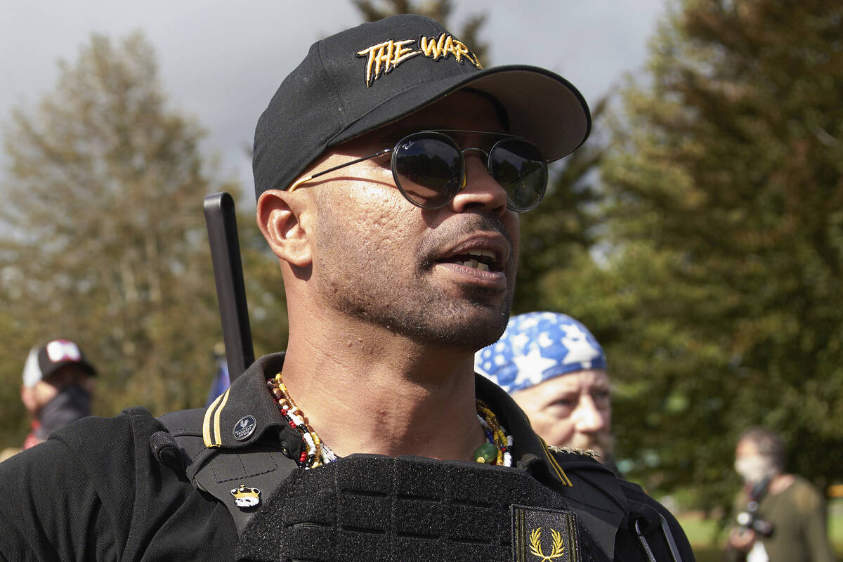 FILE - Proud Boys leader Enrique Tarrio speaks at a rally in Delta Park on Sept. 26, 2020, in P ...