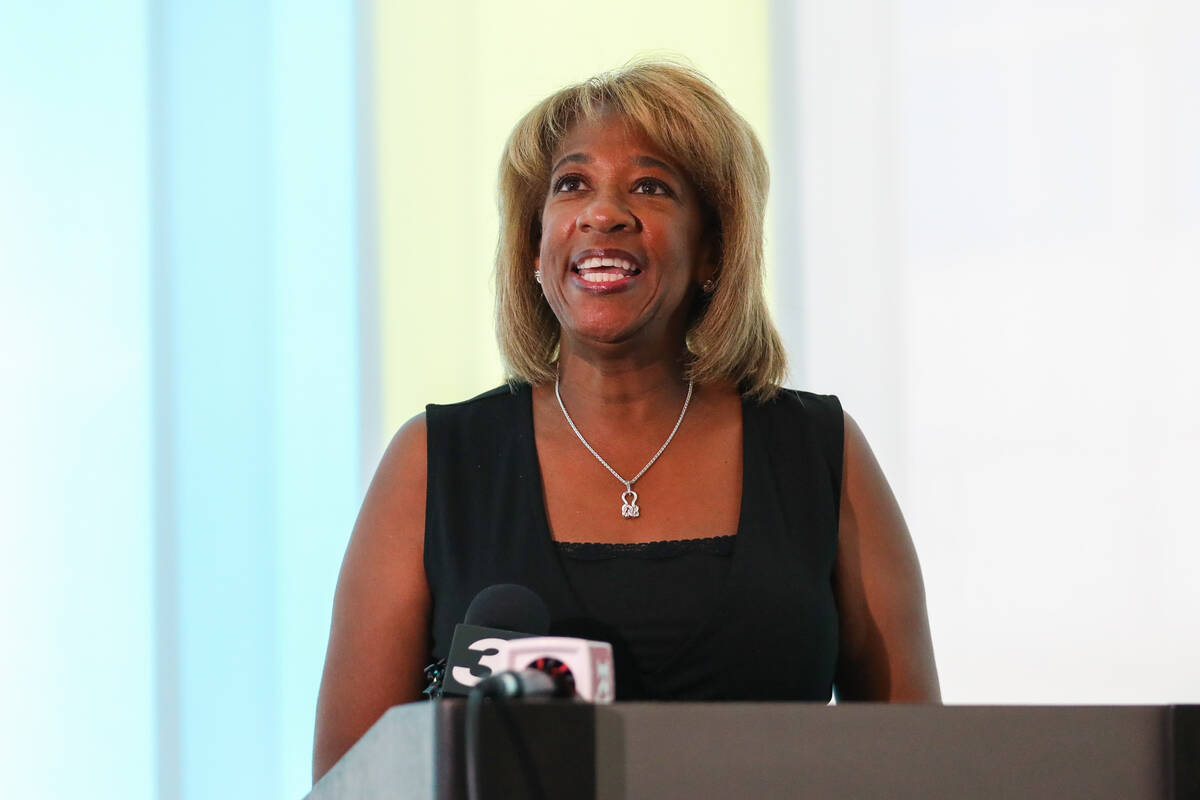 North Las Vegas Mayor Pamela Goynes-Brown excitedly speaks at the ribbon cutting ceremony for N ...