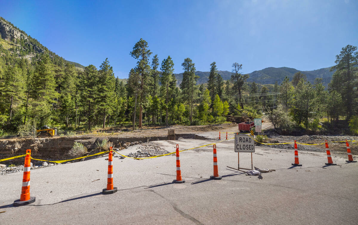 The entrance to the Rainbow subdivision is still closed on Mount Charleston on Wednesday, Sept. ...