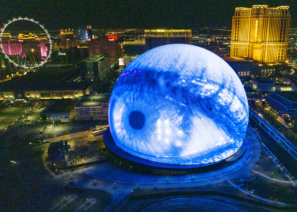 The MSG Sphere illuminates the Las Vegas skyline, on Monday, July 31, 2023, in Las Vegas. (Bizu ...