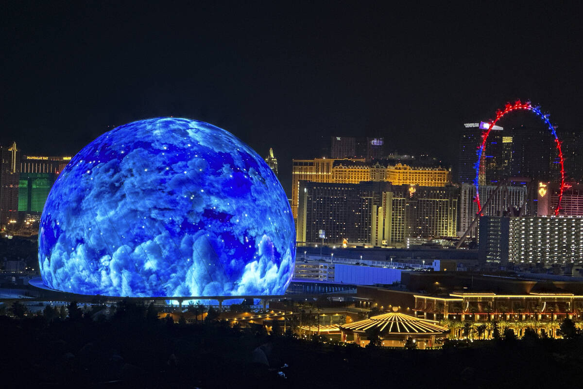 The MSG Sphere illuminates the Las Vegas skyline with a display to celebrate Independence Day a ...