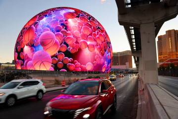 The Sphere is shown off Sands Avenue near the Strip in Las Vegas Monday, Aug. 14, 2023. (K.M. C ...