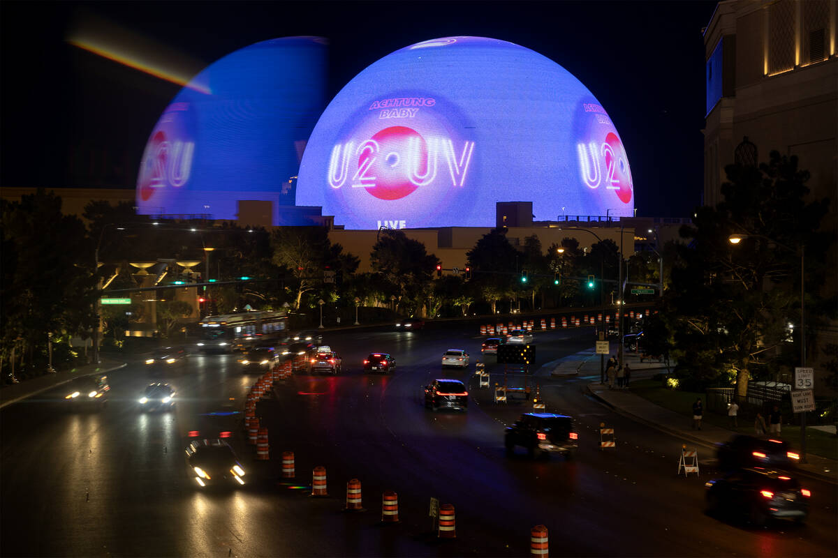 The Sphere shows an advertisement for its opening show, U2, as seen from the pedestrian bridge ...
