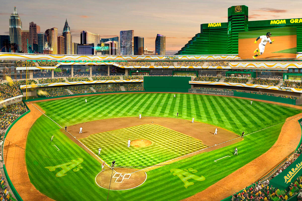 This rendering provided by the Oakland Athletics on May 26, 2023, shows a view of their propose ...