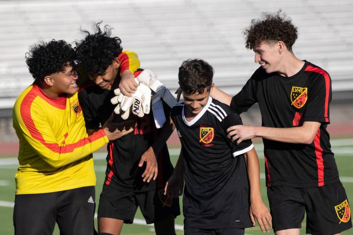 Las Vegas players celebrate their win in a boys high school soccer game against Sunrise Mountai ...