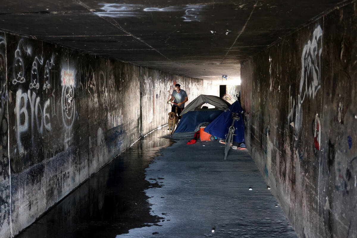 A.J., who declined to give his last name, walks his dog “Larry” in the flood cont ...