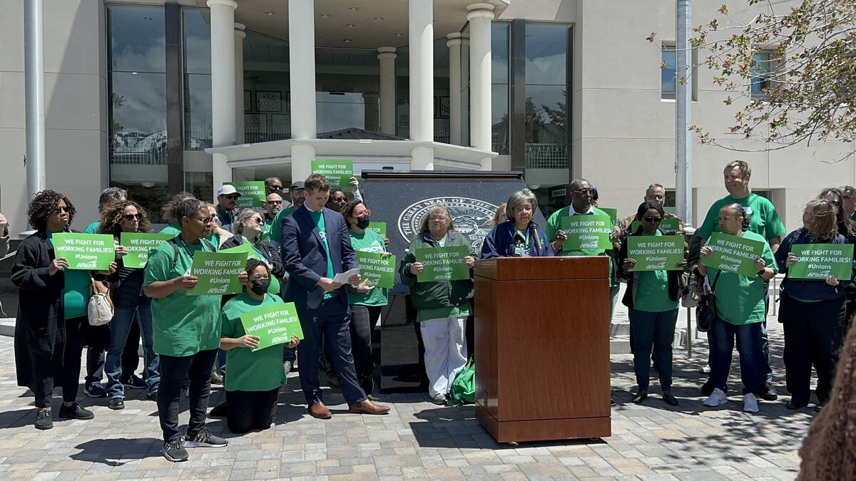 Members of AFSCME Local 4041 gather in front of the Nevada Legislature Building in Carson City ...
