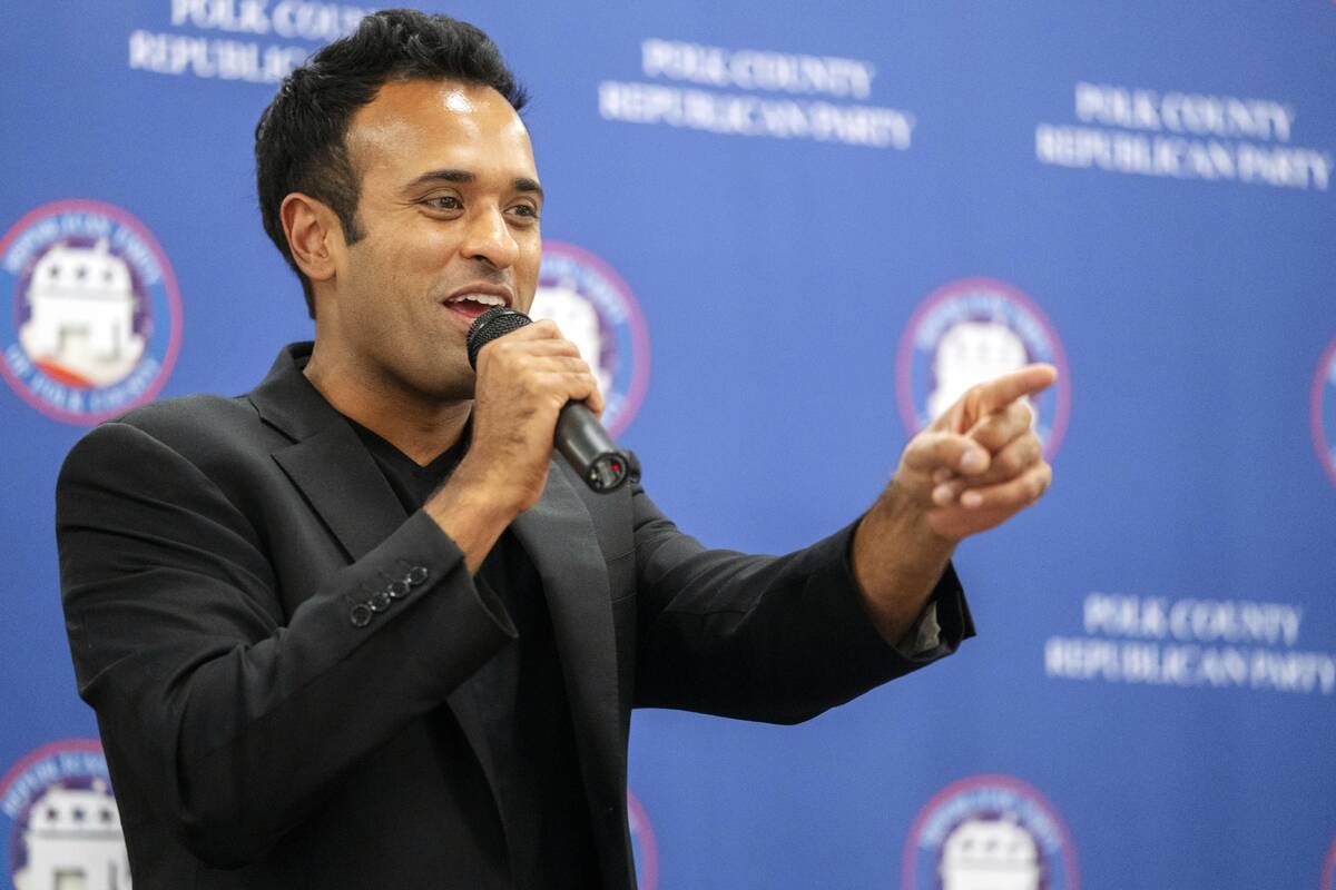 Vivek Ramaswamy speaks at the Polk County Summer Sizzle fundraising event in Clive, Iowa, Frida ...