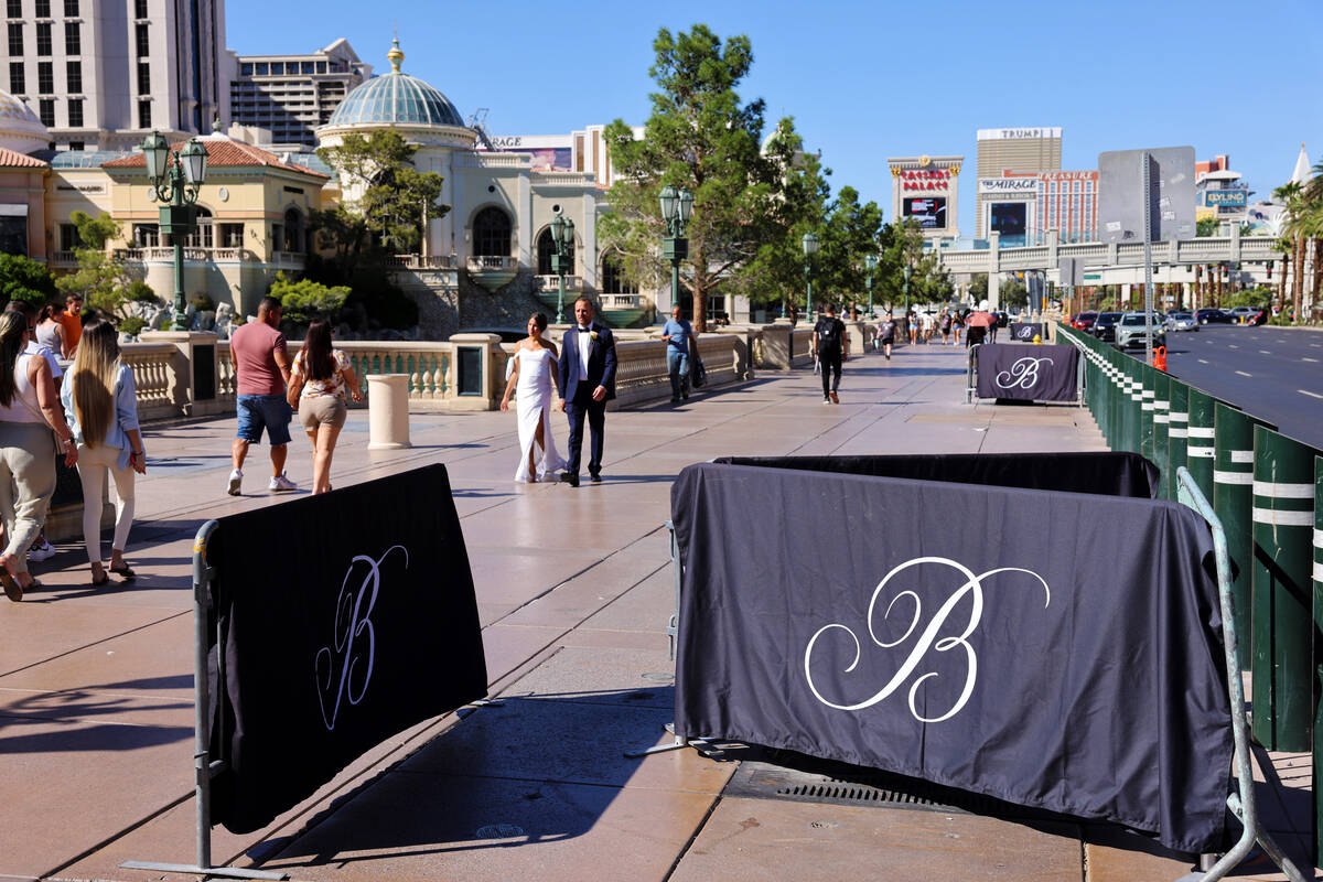 Barricades block off stumps from trees cut down in front of the Bellagio on the Strip in Las Ve ...