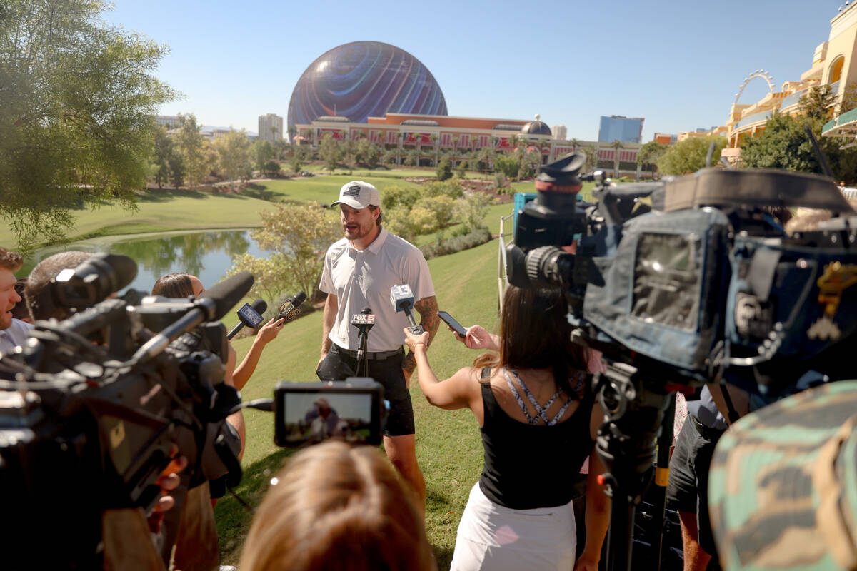 Adin Hill, goaltender for the Vegas Golden Knights, speaks to the media prior to the annual cha ...