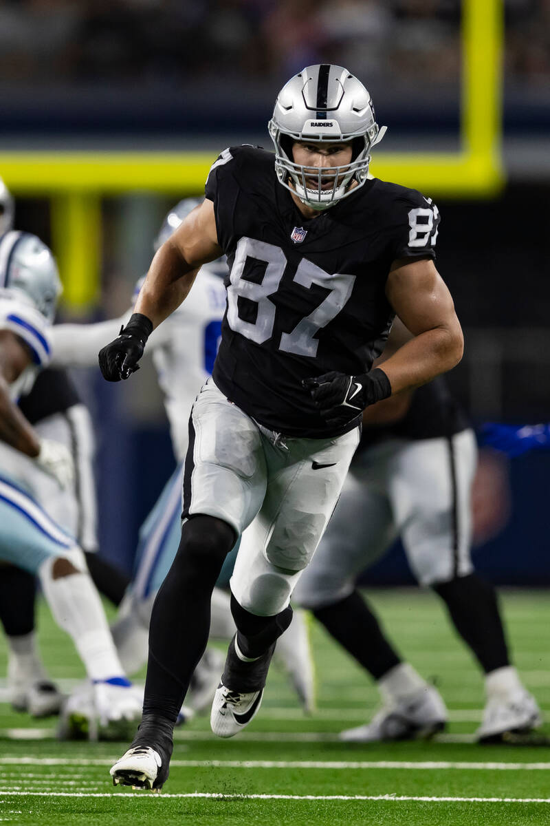 Las Vegas Raiders tight end Michael Mayer (87) is seen during the first half of an NFL football ...