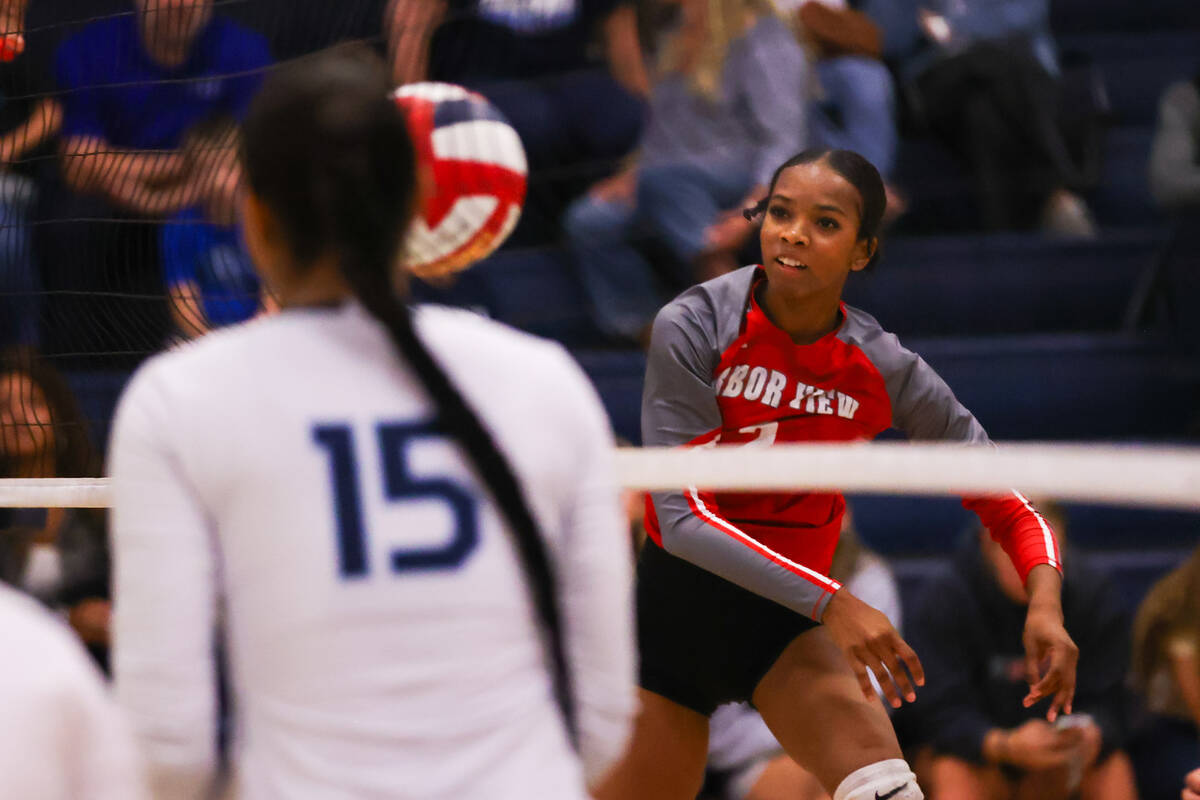 Arbor View’s Cameron Reese (2) hits the ball into the net during a volleyball game betwe ...