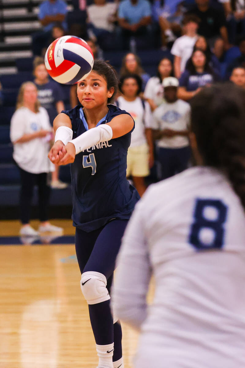 Centennial’s Dafne Sosa (4) bumps the ball during a volleyball game between Centennial H ...