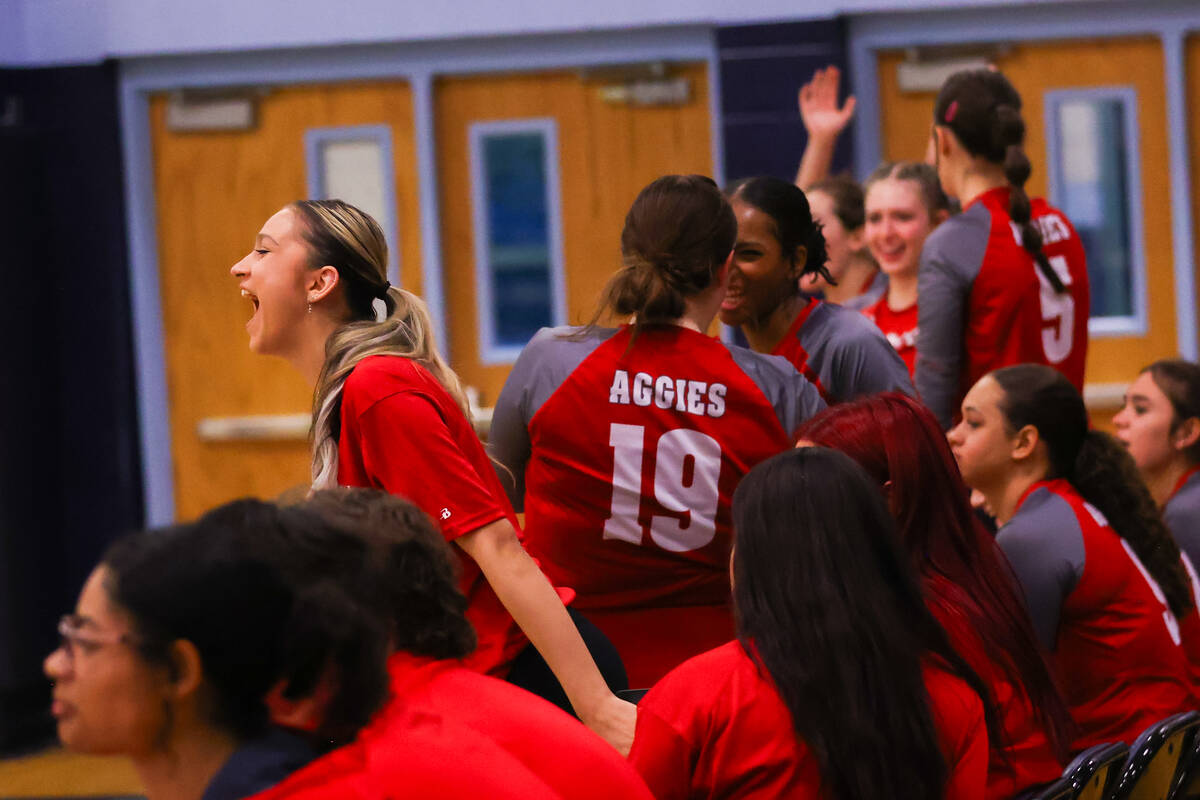 Arbor View’s volleyball team cheers on their teammates during a volleyball game between ...