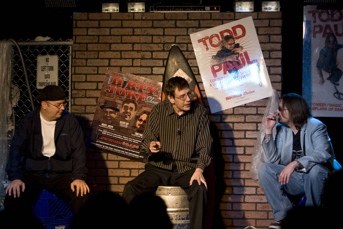 Comics, from left, John Bizarre, Geechy Guy and Todd Paul perform during The Dirty Joke Show at ...
