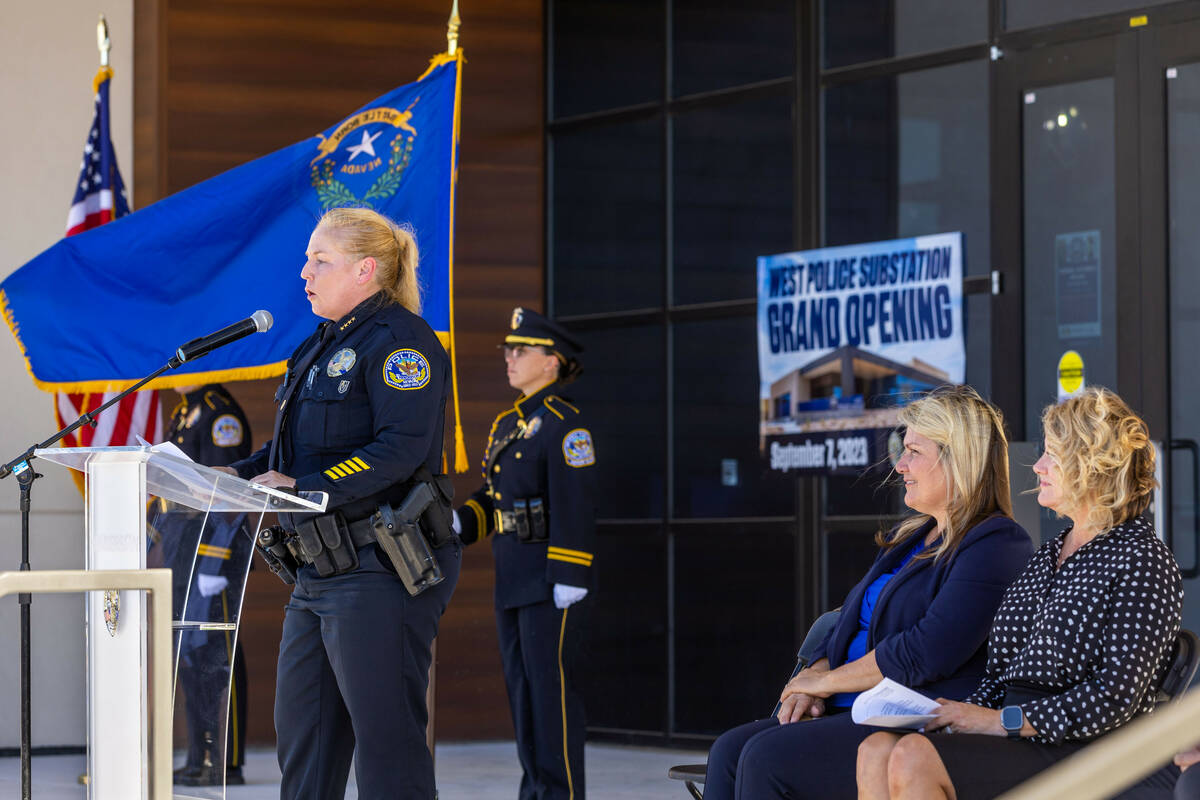 Henderson Police Chief Hollie Chadwick speaks during the grand opening ceremonies and open hous ...