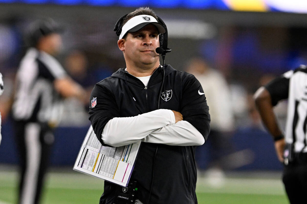 Las Vegas Raiders head coach Josh McDaniels watches from the sidelines during the second half o ...